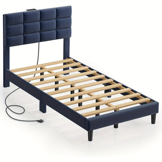 Twin/Full/King/Queen Size Bed Frame Avaliable, Bed Frame With Charging Station And Storage Headboard, Upholstered Bed With Heavy Duty Wood Slats, No Box Spring Needed, Noise Free, Easy Assembly