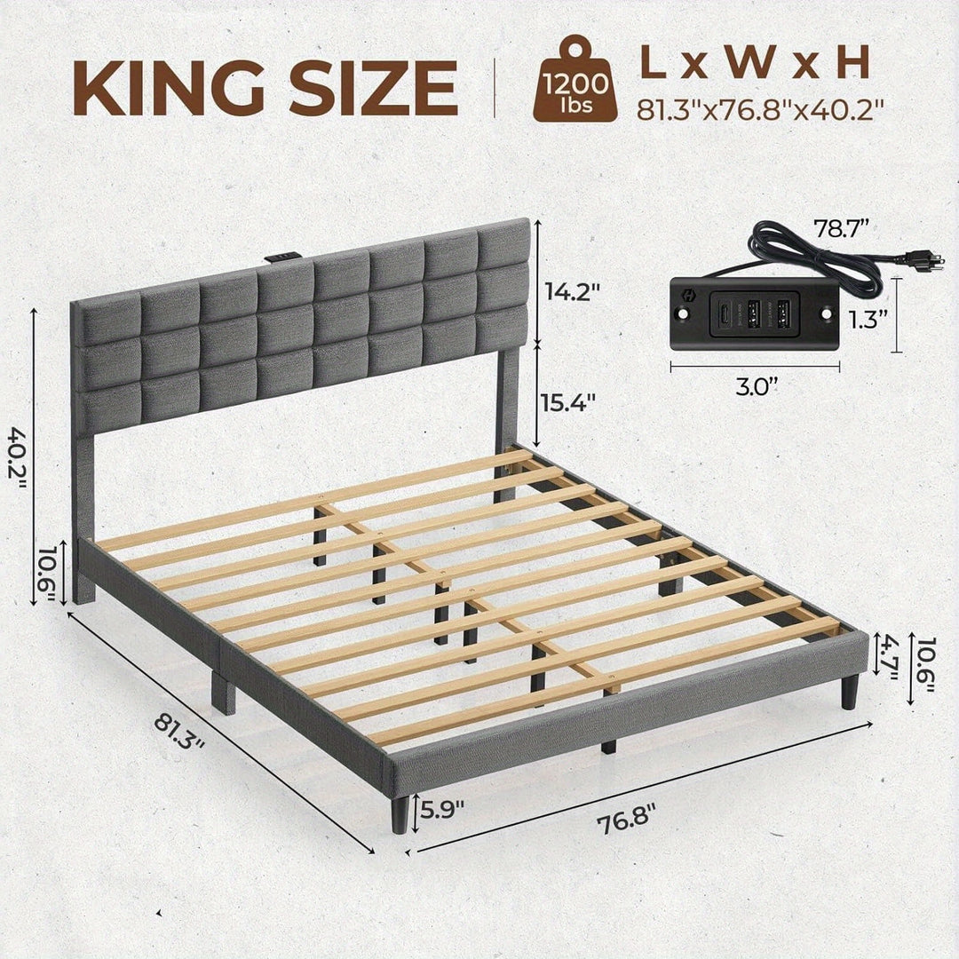 Twin/Full/King/Queen Size Bed Frame Avaliable, Bed Frame With Charging Station And Storage Headboard, Upholstered Bed With Heavy Duty Wood Slats, No Box Spring Needed, Noise Free, Easy Assembly