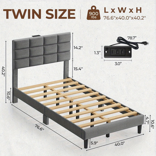 Twin/Full/King/Queen Size Bed Frame Avaliable, Bed Frame With Charging Station And Storage Headboard, Upholstered Bed With Heavy Duty Wood Slats, No Box Spring Needed, Noise Free, Easy Assembly