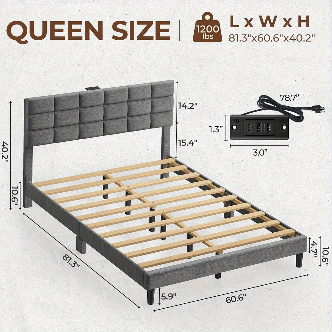 Twin/Full/King/Queen Size Bed Frame Avaliable, Bed Frame With Charging Station And Storage Headboard, Upholstered Bed With Heavy Duty Wood Slats, No Box Spring Needed, Noise Free, Easy Assembly