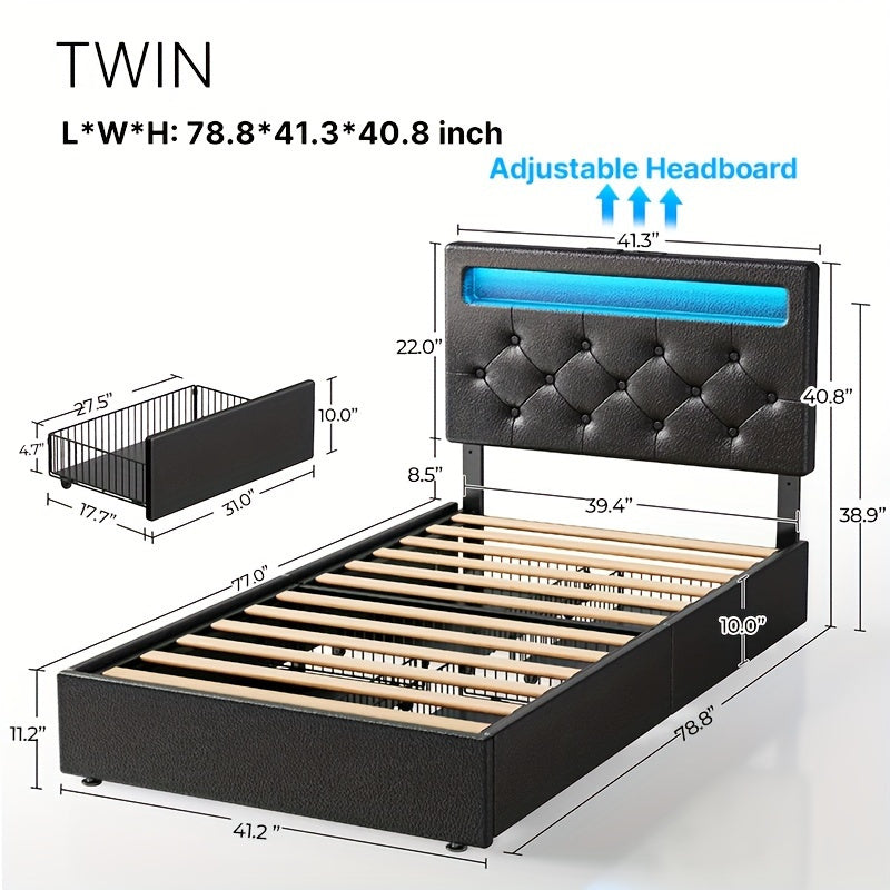 Twin/Full/Queen Size Bed Frame Avaliable, Bed Frame With Charging Station And LED Lights, Upholstered PU Leather Bed With Adjustable Headboard And 4 Storage Drawers, No Box Spring Needed, Easy Assembly