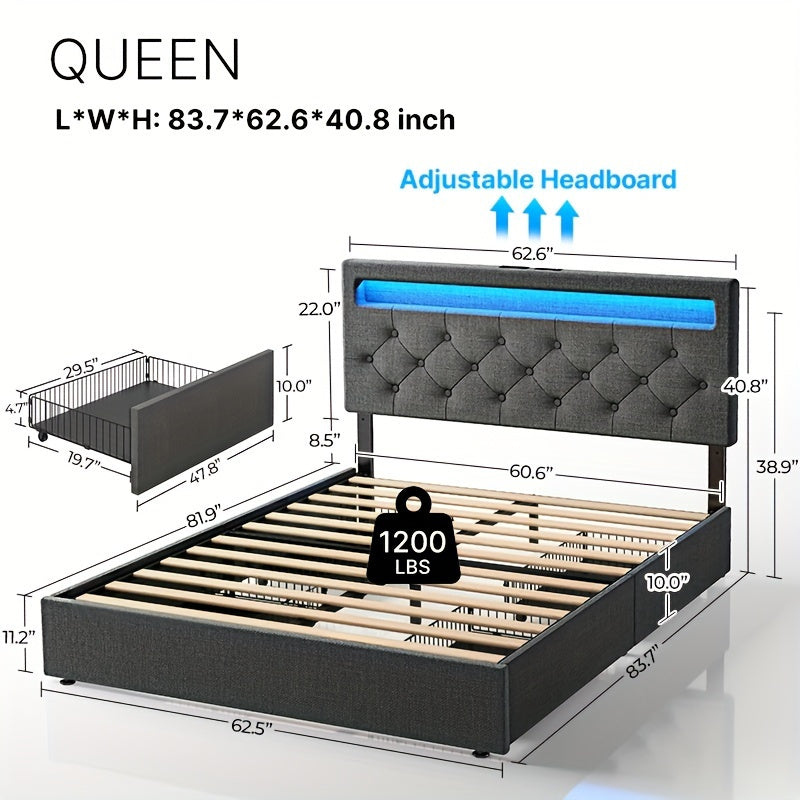 Twin/Full/Queen Size Bed Frame Avaliable, Bed Frame With Charging Station And LED Lights, Upholstered PU Leather Bed With Adjustable Headboard And 4 Storage Drawers, No Box Spring Needed, Easy Assembly