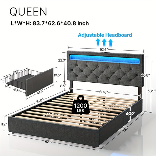 Twin/Full/Queen Size Bed Frame Avaliable, Bed Frame With Charging Station And LED Lights, Upholstered PU Leather Bed With Adjustable Headboard And 4 Storage Drawers, No Box Spring Needed, Easy Assembly