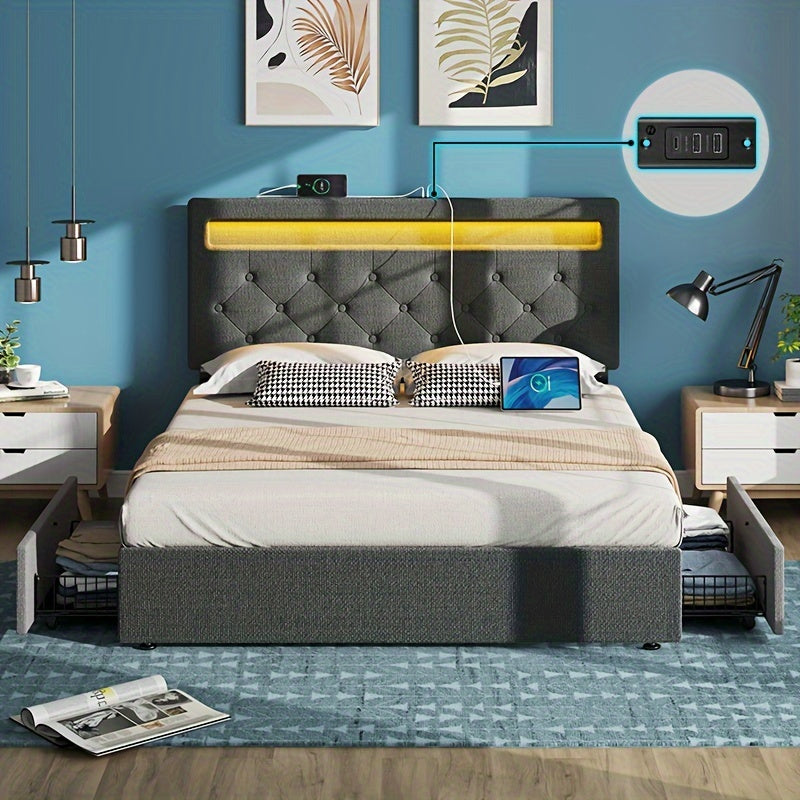 Twin/Full/Queen Size Bed Frame Avaliable, Bed Frame With Charging Station And LED Lights, Upholstered PU Leather Bed With Adjustable Headboard And 4 Storage Drawers, No Box Spring Needed, Easy Assembly