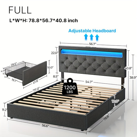 Twin/Full/Queen Size Bed Frame Avaliable, Bed Frame With Charging Station And LED Lights, Upholstered PU Leather Bed With Adjustable Headboard And 4 Storage Drawers, No Box Spring Needed, Easy Assembly