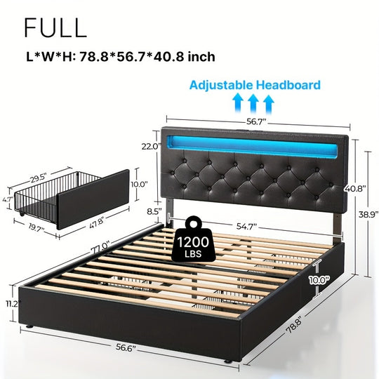 Twin/Full/Queen Size Bed Frame Avaliable, Bed Frame With Charging Station And LED Lights, Upholstered PU Leather Bed With Adjustable Headboard And 4 Storage Drawers, No Box Spring Needed, Easy Assembly