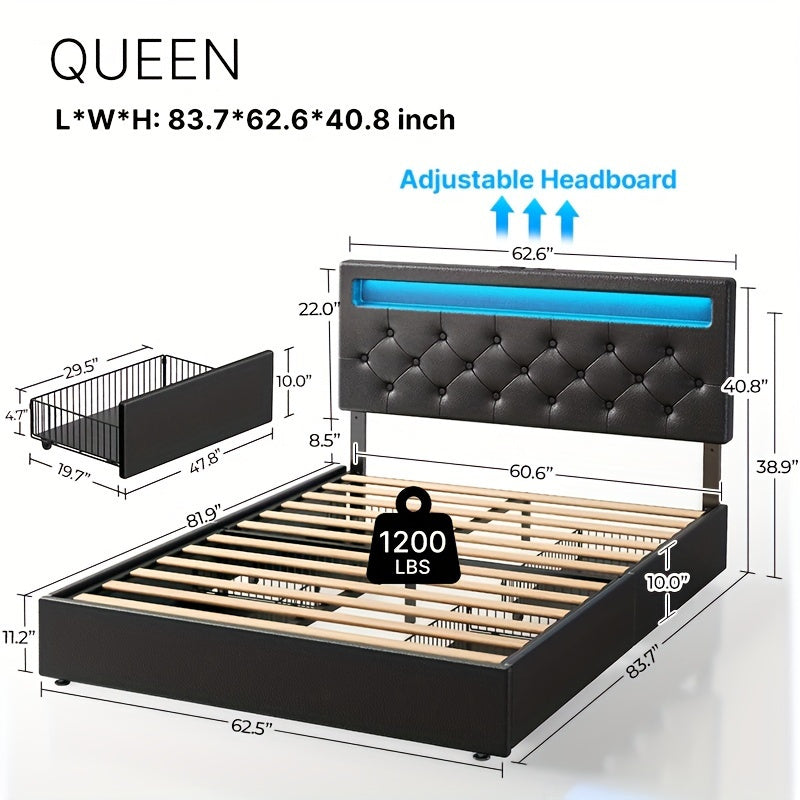 Twin/Full/Queen Size Bed Frame Avaliable, Bed Frame With Charging Station And LED Lights, Upholstered PU Leather Bed With Adjustable Headboard And 4 Storage Drawers, No Box Spring Needed, Easy Assembly