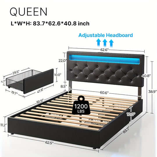 Twin/Full/Queen Size Bed Frame Avaliable, Bed Frame With Charging Station And LED Lights, Upholstered PU Leather Bed With Adjustable Headboard And 4 Storage Drawers, No Box Spring Needed, Easy Assembly