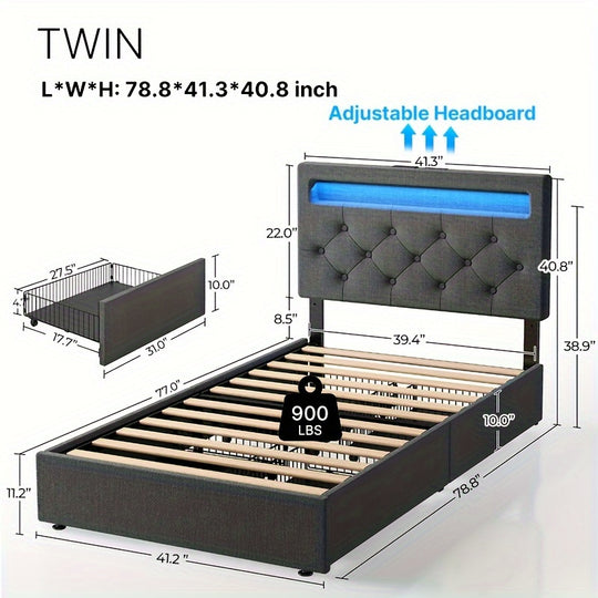 Twin/Full/Queen Size Bed Frame Avaliable, Bed Frame With Charging Station And LED Lights, Upholstered PU Leather Bed With Adjustable Headboard And 4 Storage Drawers, No Box Spring Needed, Easy Assembly