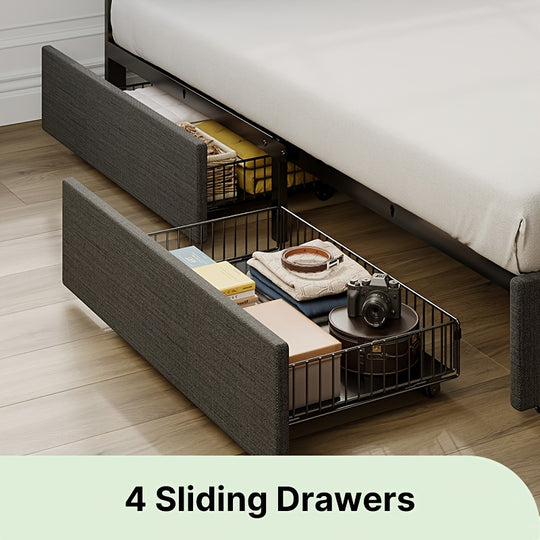 Twin/Full/Queen Size Bed Frame Avaliable, Bed Frame With Charging Station And LED Lights, Upholstered PU Leather Bed With Adjustable Headboard And 4 Storage Drawers, No Box Spring Needed, Easy Assembly