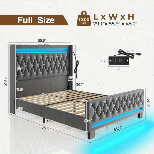 Twin/Full/King/Queen Size Bed Frame Avaliable With LED Light And Charging Station, Upholstered High Headboard And Footboard, Wood Slats, Noise Free, Easy Assembly