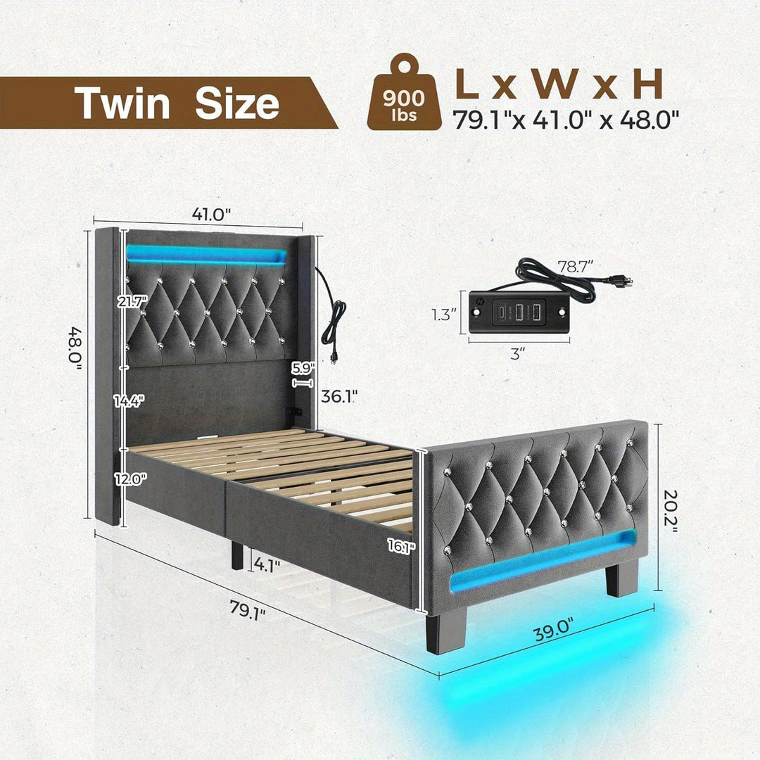 Twin/Full/King/Queen Size Bed Frame Avaliable With LED Light And Charging Station, Upholstered High Headboard And Footboard, Wood Slats, Noise Free, Easy Assembly