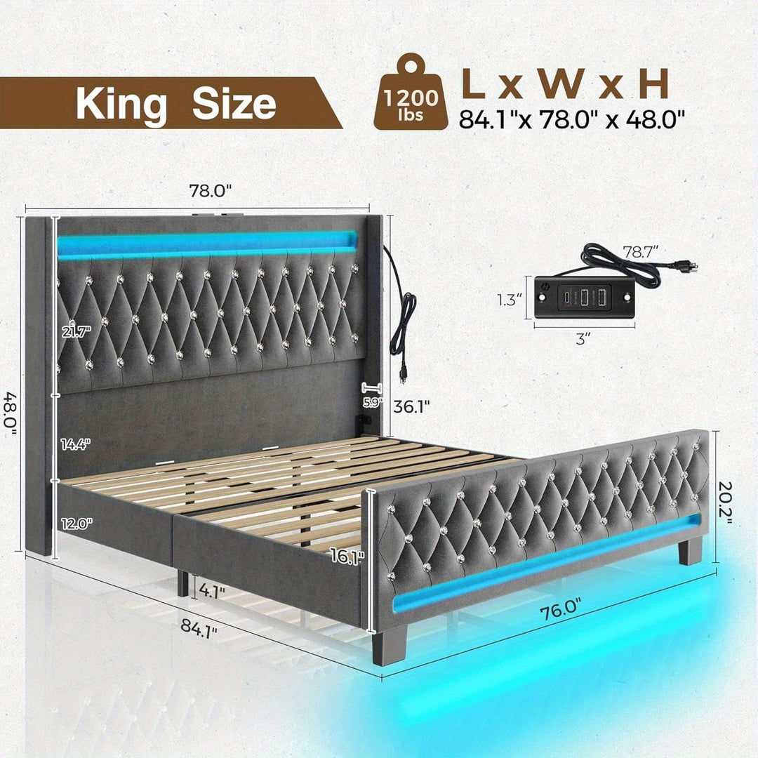 Twin/Full/King/Queen Size Bed Frame Avaliable With LED Light And Charging Station, Upholstered High Headboard And Footboard, Wood Slats, Noise Free, Easy Assembly