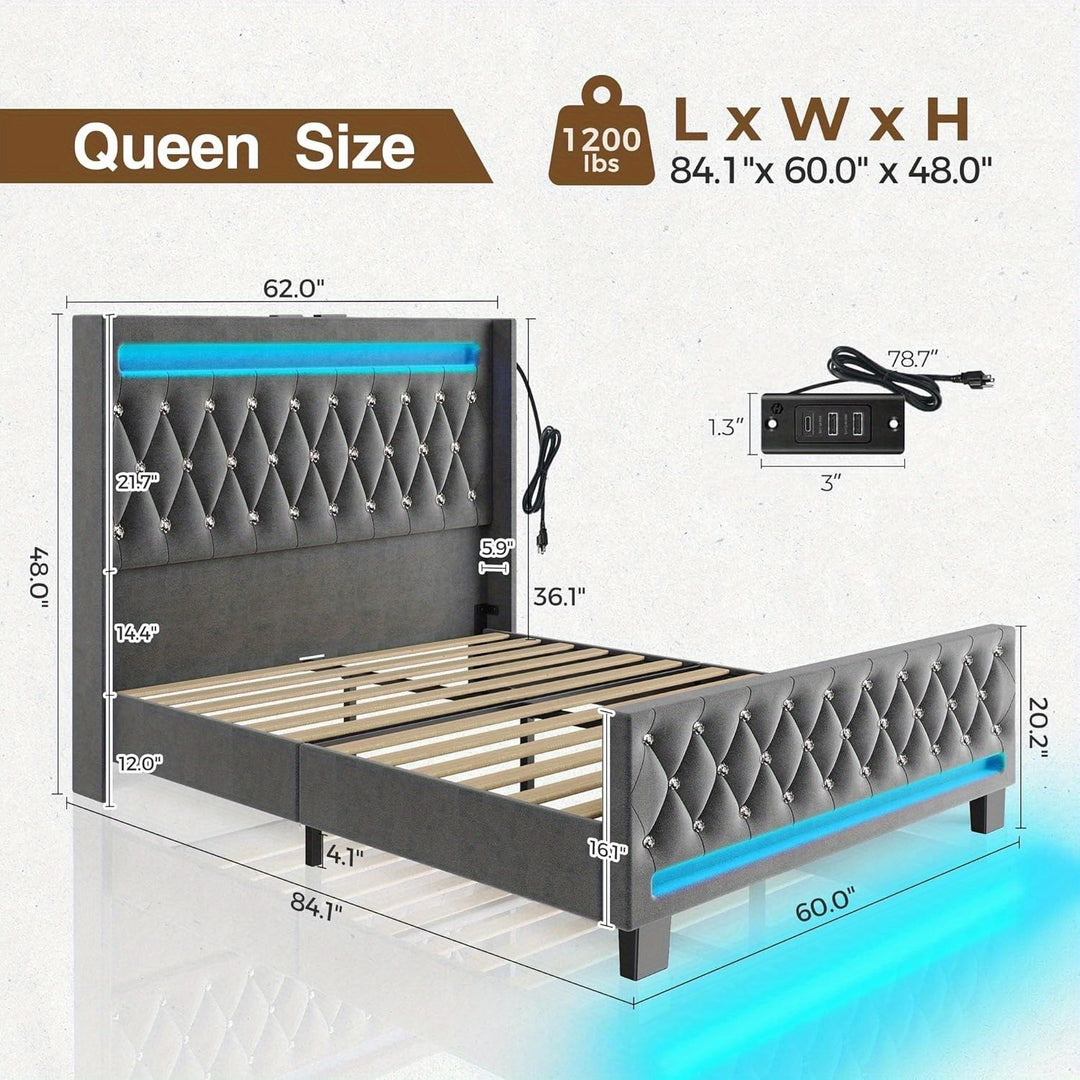 Twin/Full/King/Queen Size Bed Frame Avaliable With LED Light And Charging Station, Upholstered High Headboard And Footboard, Wood Slats, Noise Free, Easy Assembly