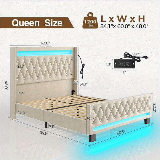 Twin/Full/King/Queen Size Bed Frame Avaliable With LED Light And Charging Station, Upholstered High Headboard And Footboard, Wood Slats, Noise Free, Easy Assembly