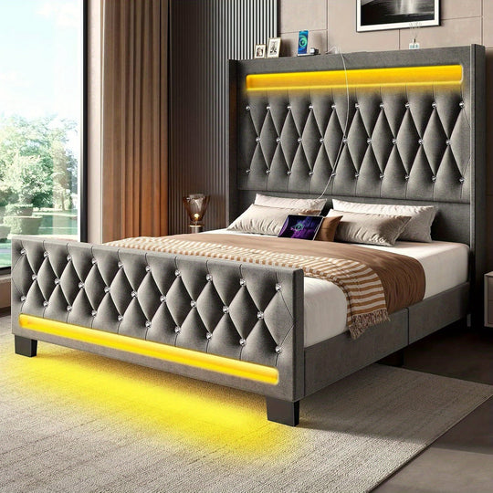 Twin/Full/King/Queen Size Bed Frame Avaliable With LED Light And Charging Station, Upholstered High Headboard And Footboard, Wood Slats, Noise Free, Easy Assembly