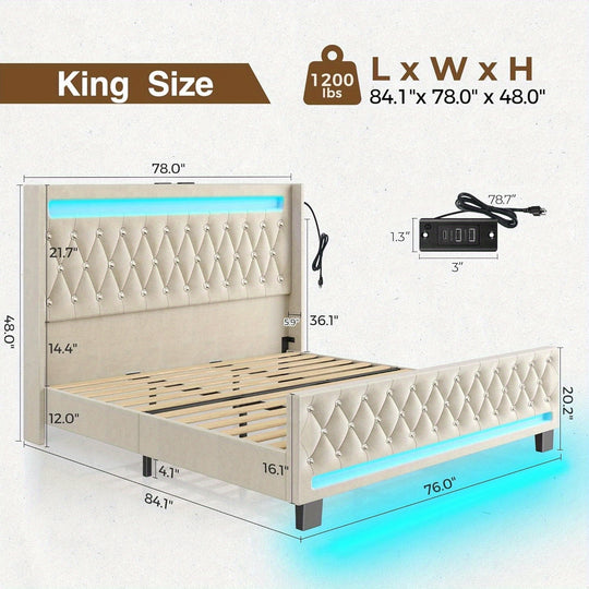 Twin/Full/King/Queen Size Bed Frame Avaliable With LED Light And Charging Station, Upholstered High Headboard And Footboard, Wood Slats, Noise Free, Easy Assembly