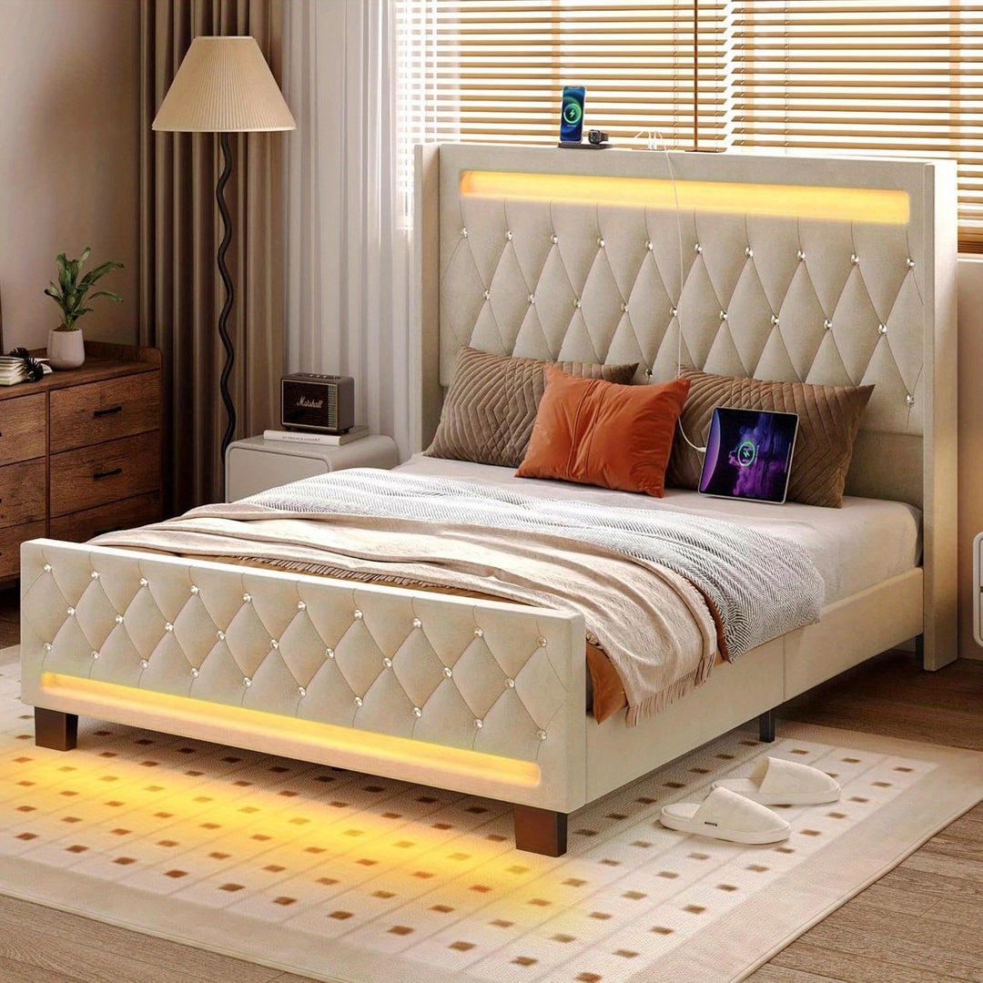 Twin/Full/King/Queen Size Bed Frame Avaliable With LED Light And Charging Station, Upholstered High Headboard And Footboard, Wood Slats, Noise Free, Easy Assembly