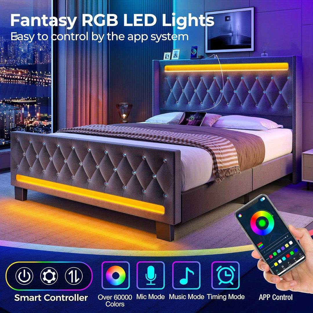 Twin/Full/King/Queen Size Bed Frame Avaliable With LED Light And Charging Station, Upholstered High Headboard And Footboard, Wood Slats, Noise Free, Easy Assembly