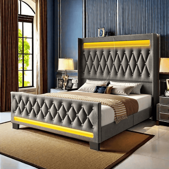 Twin/Full/King/Queen Size Bed Frame Avaliable With LED Light And Charging Station, Upholstered High Headboard And Footboard, Wood Slats, Noise Free, Easy Assembly