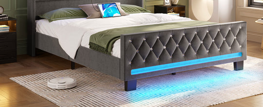 Twin/Full/King/Queen Size Bed Frame Avaliable With LED Light And Charging Station, Upholstered High Headboard And Footboard, Wood Slats, Noise Free, Easy Assembly