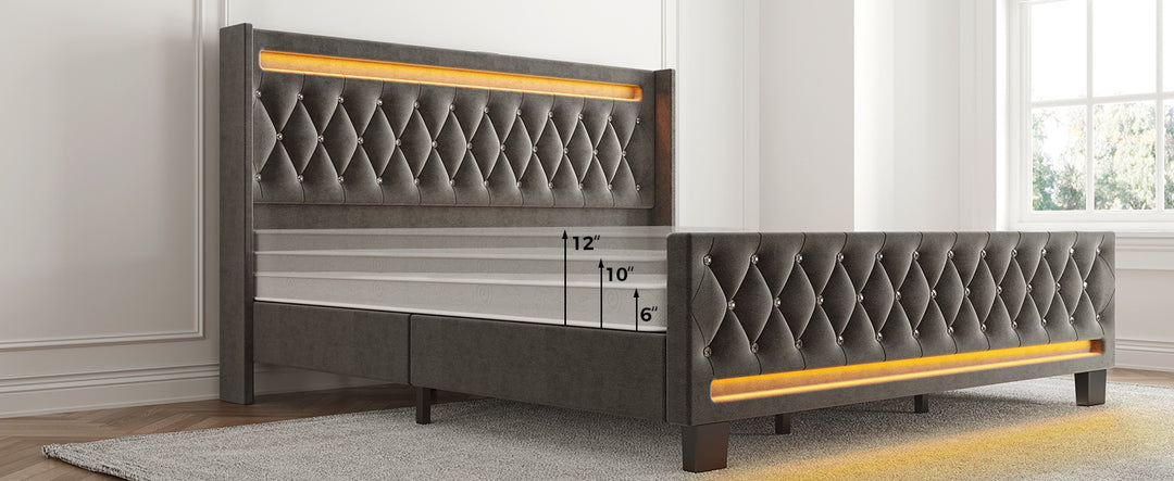 Twin/Full/King/Queen Size Bed Frame Avaliable With LED Light And Charging Station, Upholstered High Headboard And Footboard, Wood Slats, Noise Free, Easy Assembly