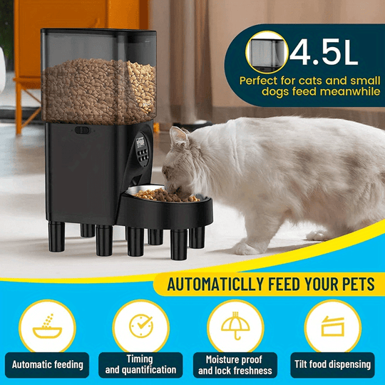 Automatic Cat Feeder, 4.5L Timed Pet Food Dispenser, Elevated Cat Dog Feeder with Stainless Steel Bowls, Up to 20 Portions, 4 Meals per Day, Voice Recorder, Black