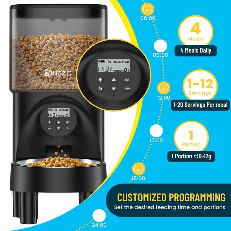 Automatic Cat Feeder, 4.5L Timed Pet Food Dispenser, Elevated Cat Dog Feeder with Stainless Steel Bowls, Up to 20 Portions, 4 Meals per Day, Voice Recorder, Black