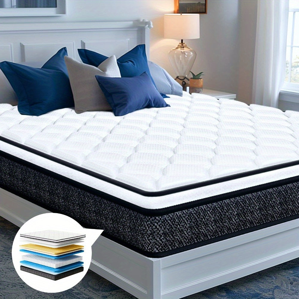 Queen mattress, boxed hybrid mattress, gel memory foam mattress, individually wrapped individually pocket spring mattress, motion isolated, medium firmness, soft and breathable knitted fabric