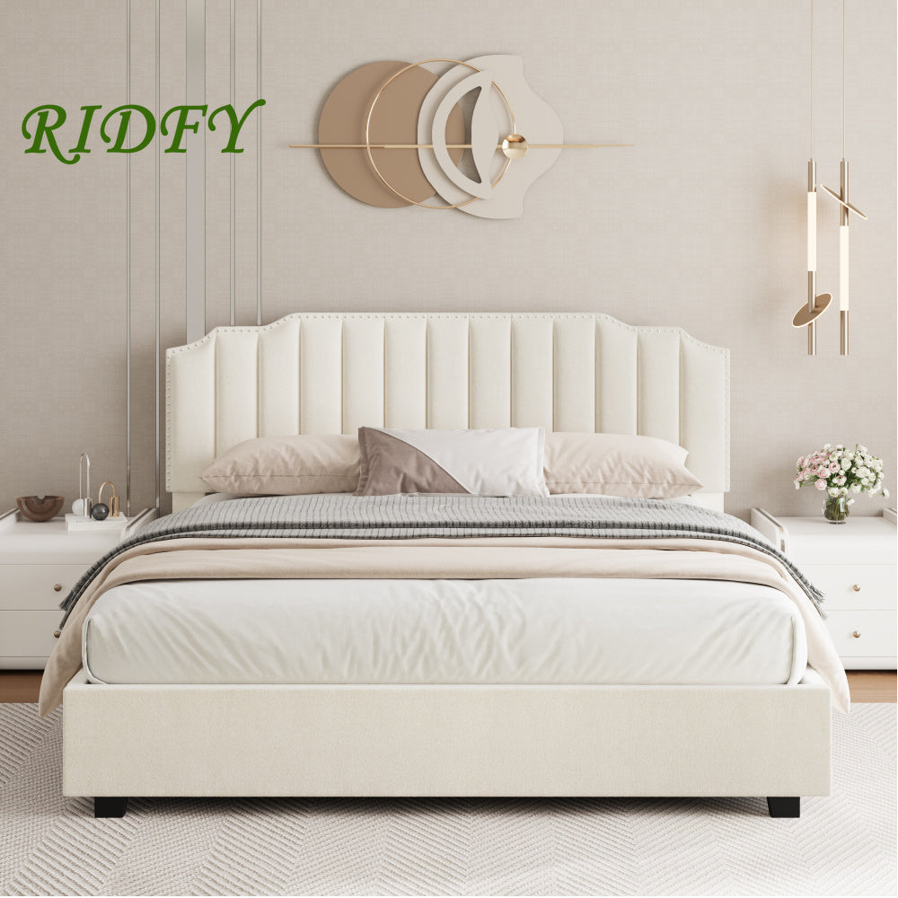 RIDFY Queen Size Lift up Storage Bed, Hidden Storage Space Platform Bed, Sturdy Wood Slats & Metal Base, Frame Headboard with Velvet Headboard, No Box Spring Needed, Fast Assembly, Beige White, Queen