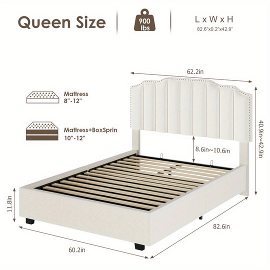 RIDFY Queen Size Lift up Storage Bed, Hidden Storage Space Platform Bed, Sturdy Wood Slats & Metal Base, Frame Headboard with Velvet Headboard, No Box Spring Needed, Fast Assembly, Beige White, Queen