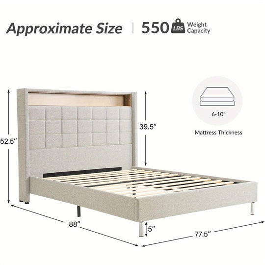 Bed Frame with RGB Lights, Storage Headboard with Charging Station, Upholstered Platform Bed