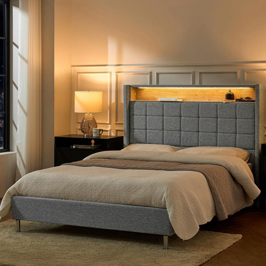 Bed Frame with RGB Lights, Storage Headboard with Charging Station, Upholstered Platform Bed