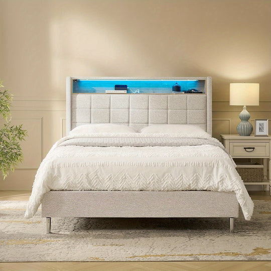 Bed Frame with RGB Lights, Storage Headboard with Charging Station, Upholstered Platform Bed