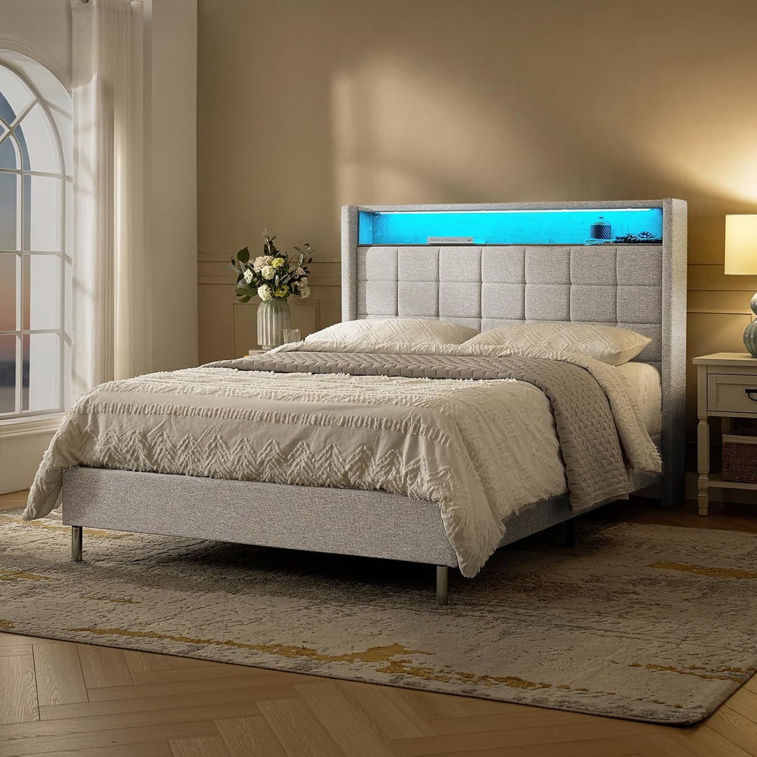 Bed Frame with RGB Lights, Storage Headboard with Charging Station, Upholstered Platform Bed