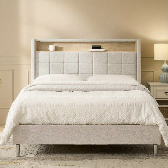 Bed Frame with RGB Lights, Storage Headboard with Charging Station, Upholstered Platform Bed