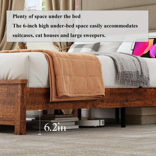 King Size Bed Frame With Headboard, King Bed Frame With Station And Lights, Wood Slats, Dark Gray Linen, No Box Spring Needed, Easy Assembly