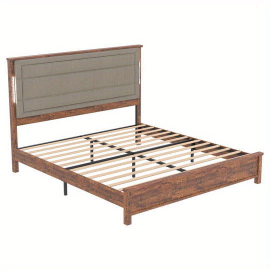 King Size Bed Frame With Headboard, King Bed Frame With Station And Lights, Wood Slats, Dark Gray Linen, No Box Spring Needed, Easy Assembly