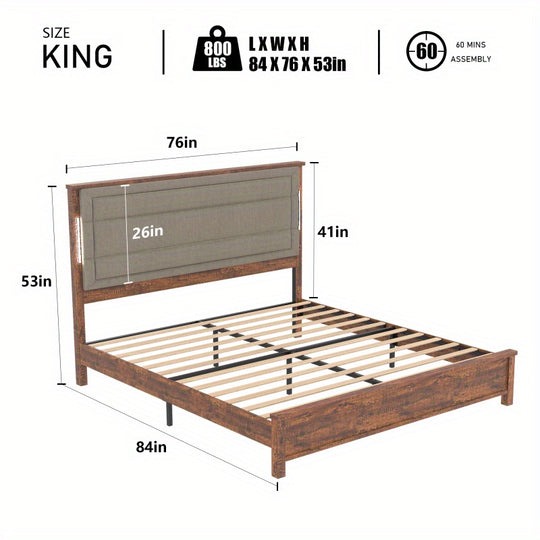 King Size Bed Frame With Headboard, King Bed Frame With Station And Lights, Wood Slats, Dark Gray Linen, No Box Spring Needed, Easy Assembly