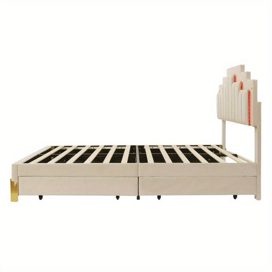 Queen Size  Platform Bed with  Lights and 4 Drawers, Stylish Irregular Metal Bed Legs Design, Beige