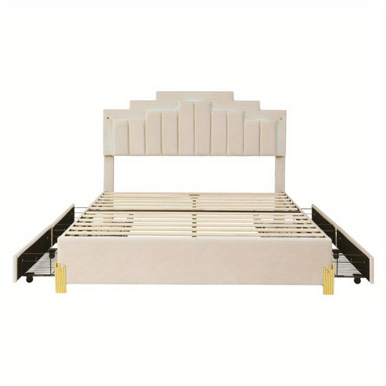 Queen Size  Platform Bed with  Lights and 4 Drawers, Stylish Irregular Metal Bed Legs Design, Beige