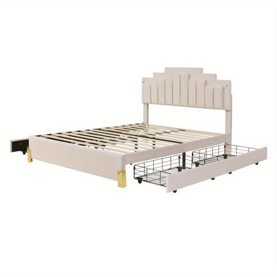 Queen Size  Platform Bed with  Lights and 4 Drawers, Stylish Irregular Metal Bed Legs Design, Beige