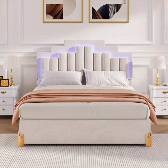 Queen Size  Platform Bed with  Lights and 4 Drawers, Stylish Irregular Metal Bed Legs Design, Beige