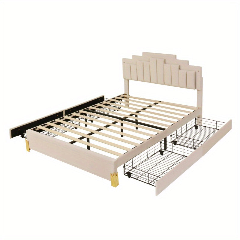 Queen Size  Platform Bed with  Lights and 4 Drawers, Stylish Irregular Metal Bed Legs Design, Beige