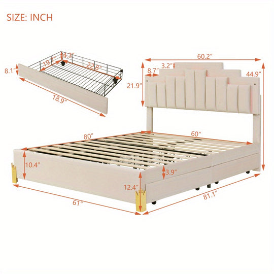 Queen Size  Platform Bed with  Lights and 4 Drawers, Stylish Irregular Metal Bed Legs Design, Beige