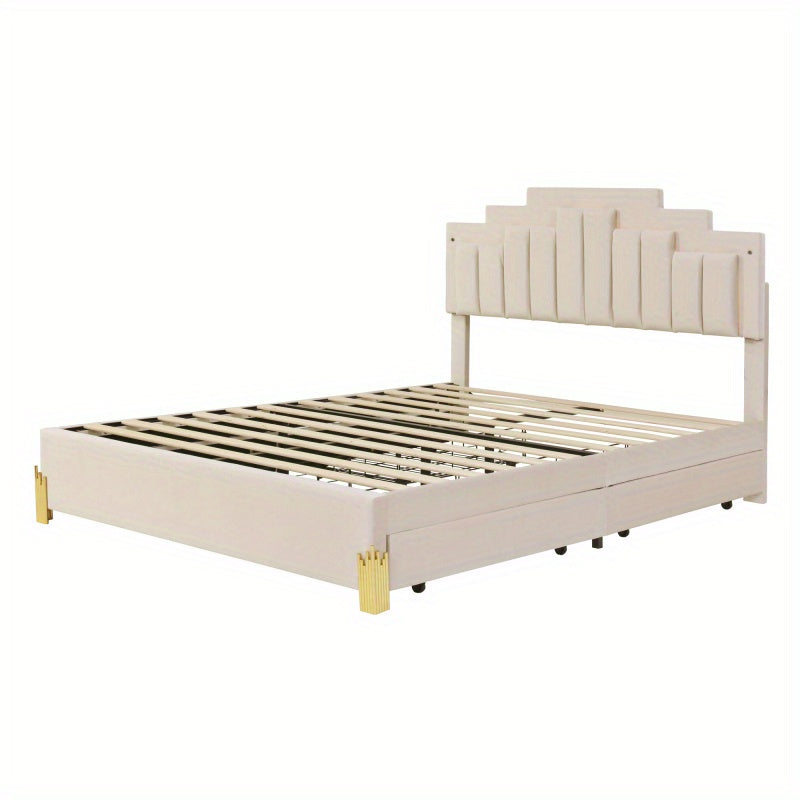 Queen Size  Platform Bed with  Lights and 4 Drawers, Stylish Irregular Metal Bed Legs Design, Beige