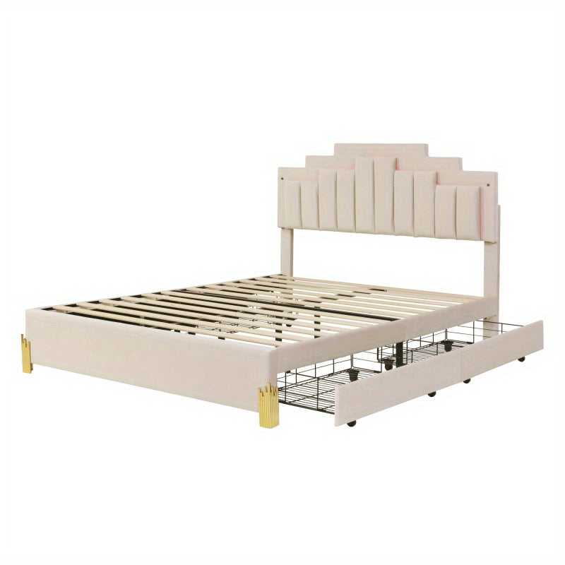 Queen Size  Platform Bed with  Lights and 4 Drawers, Stylish Irregular Metal Bed Legs Design, Beige