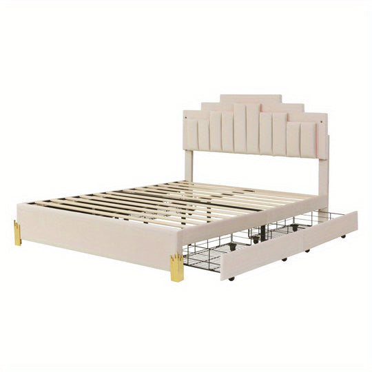 Queen Size  Platform Bed with  Lights and 4 Drawers, Stylish Irregular Metal Bed Legs Design, Beige