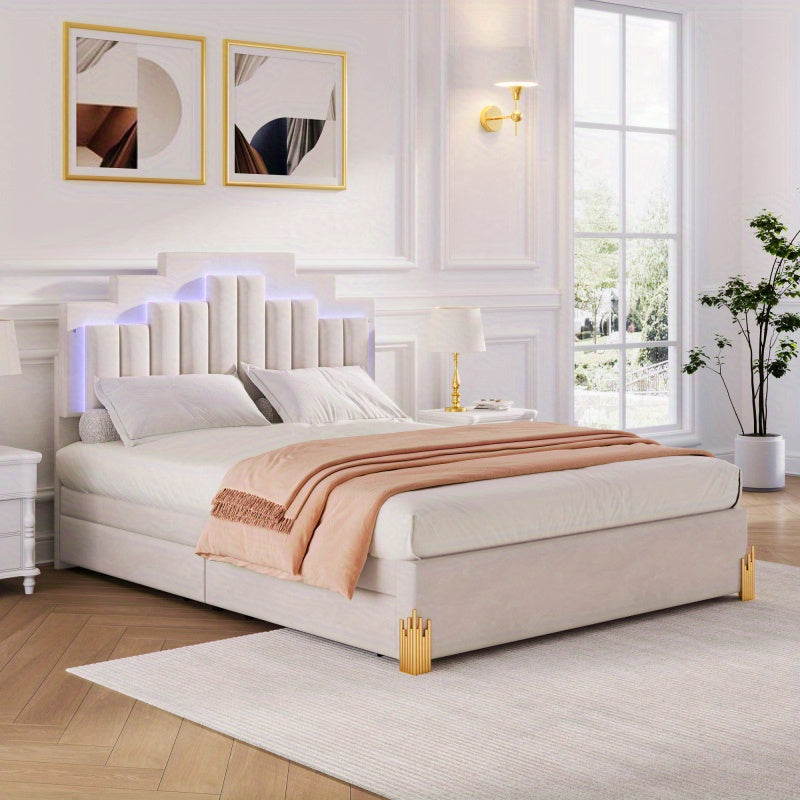 Queen Size  Platform Bed with  Lights and 4 Drawers, Stylish Irregular Metal Bed Legs Design, Beige