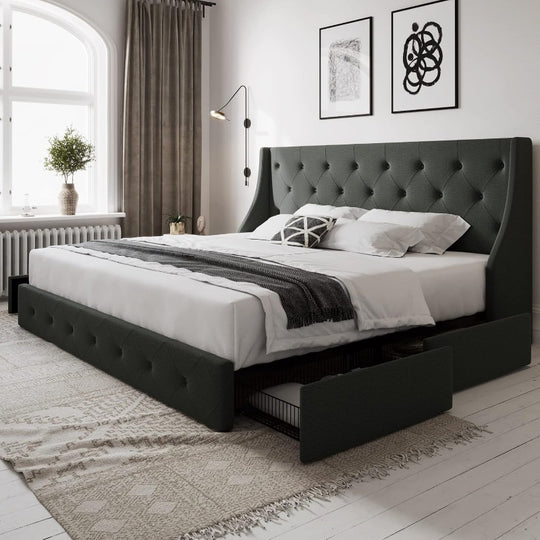 King Size Bed Frame with Storage Drawers and Wingback Headboard, Button Tufted Design, No Box Spring Needed